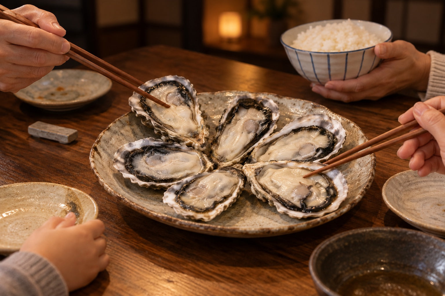 家族で牡蠣を囲む晩ごはんの食卓