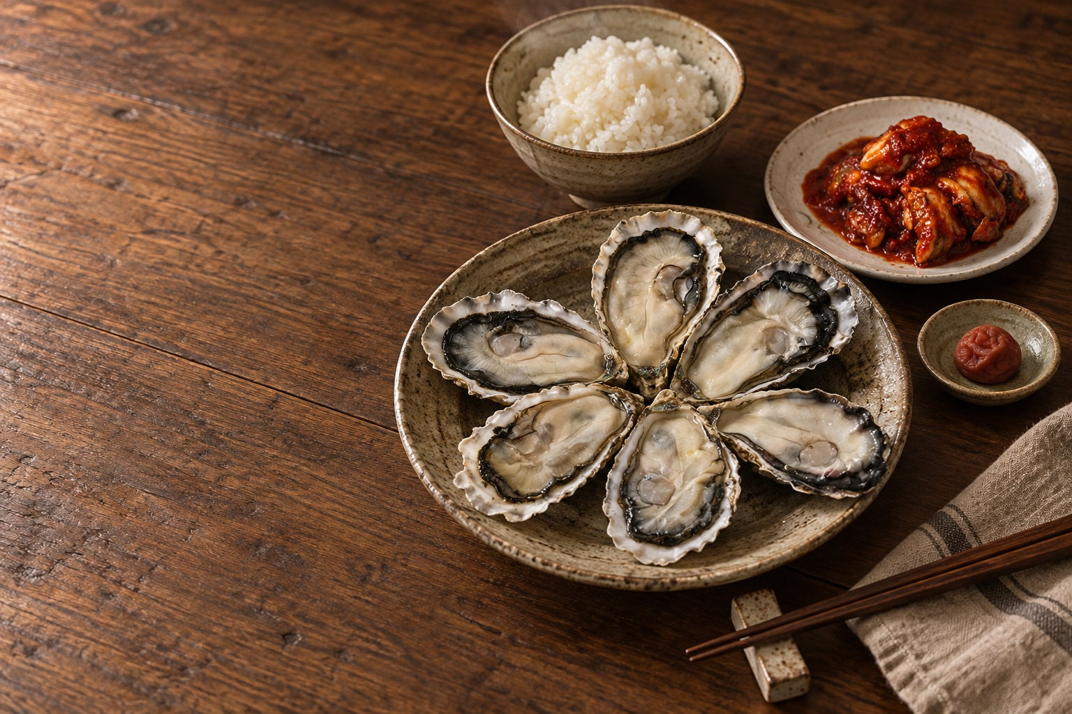 木の食卓に並んだ殻付き牡蠣、ご飯、キムチ、梅干し